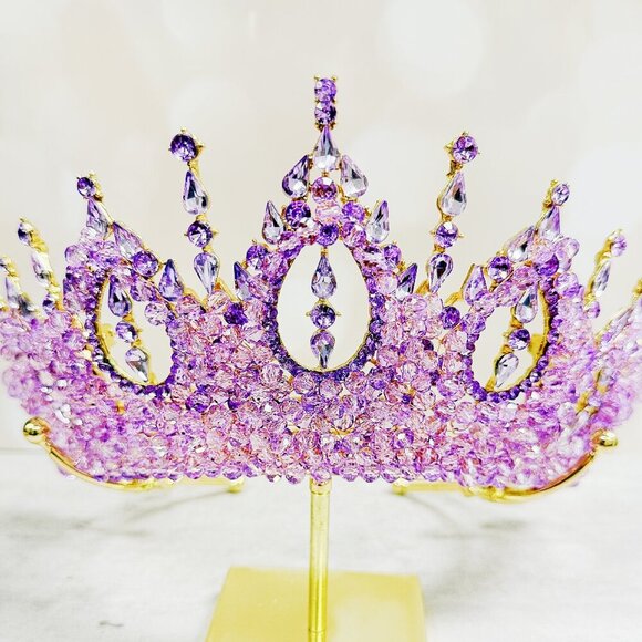 Gold Princess Crown, Prom headpiece, Bridal tiara, Purple Crystal wedding crown main image 7